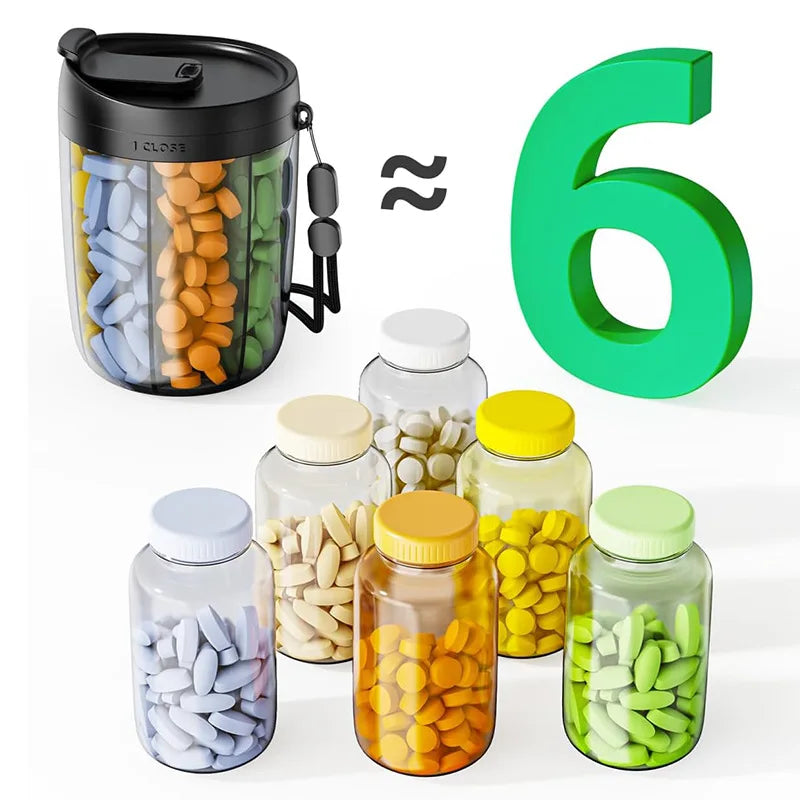 6-Grid Large Pill Organizer – Travel Supplement Case for Vitamins, Pills, and Capsules with Straw Container