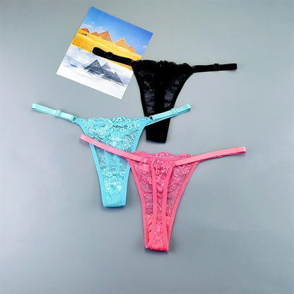 Women's Transparent Lace Thong Set - 3PCS Adjustable Low Waist Sexy T-Back Underwear