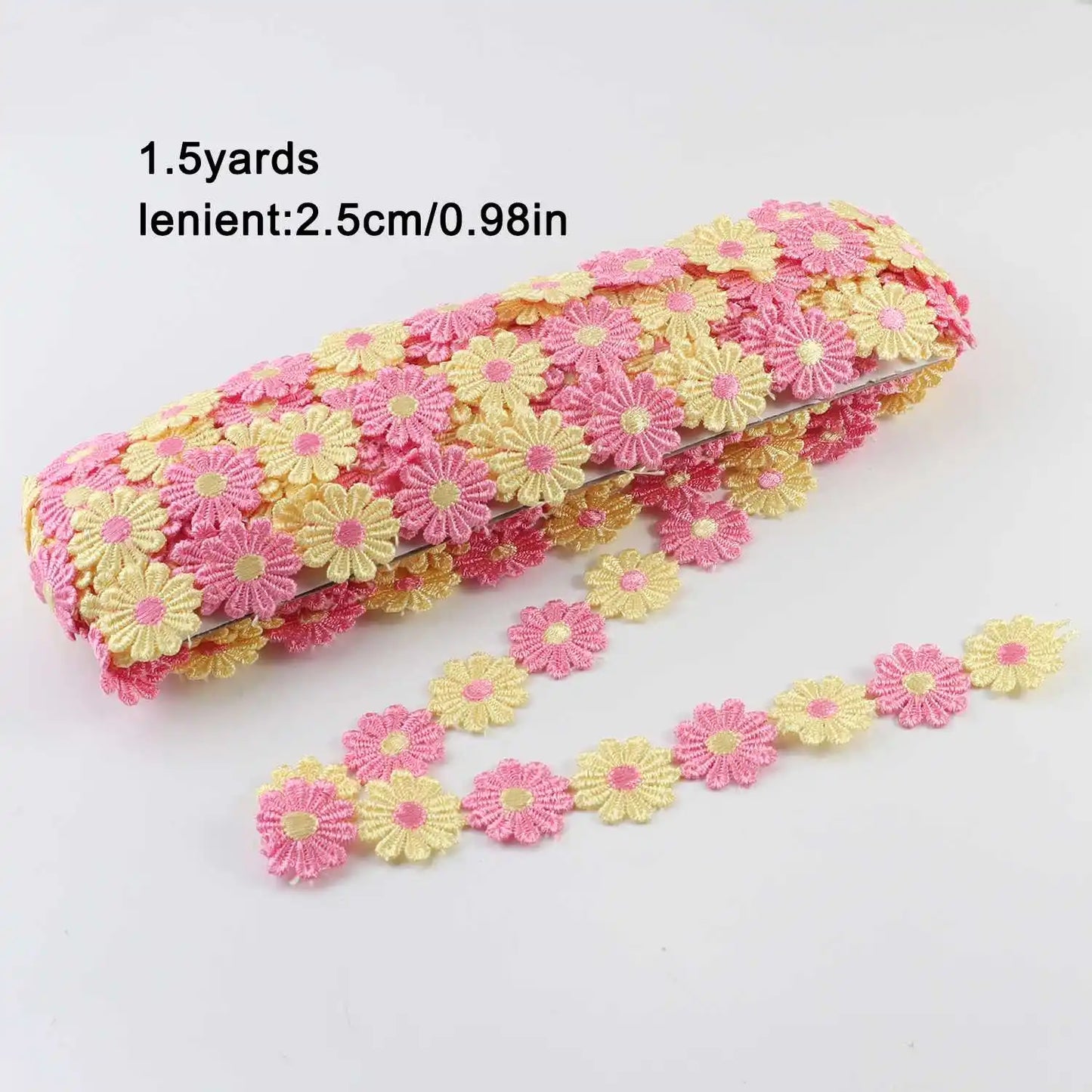 Daisy Flower Lace Trim Ribbon – 2.5CM Wide, 1.5 Yards Embroidered DIY Patchwork Sewing & Craft Supplies, Colorful
