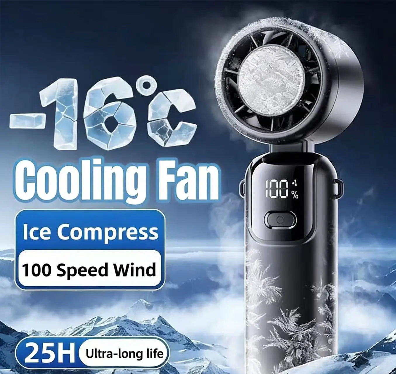 2025 Portable Hanging Ice Pack Neck Fan – High-Speed Folding Handheld Fan with 100-Speed Infinitely Adjustable Cooling for Outdoor Use