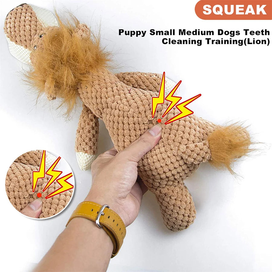 Large Dog Squeaky Plush Toy - Bite-Resistant Cartoon Lion, Wolf & Elephant Chew Toy for Small Medium Dogs