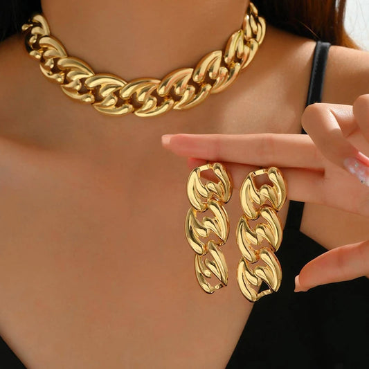 2PCS Set Big Cuban Chain Earring & Necklace Set – Gold Color Chunky Chain, Vintage Choker & Drop Earrings Jewelry Set