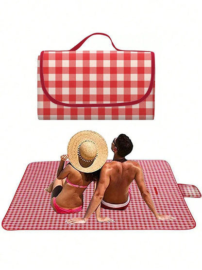 Red Checkered Picnic Blanket 150x200cm – Lightweight, Washable Beach Mat with Handle for Outdoor Camping & Travel