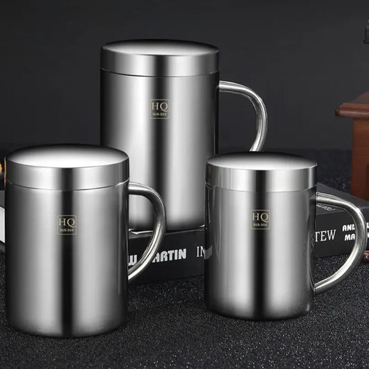 304 Stainless Steel Double-Layer Mug – Anti-Scalding Thermos Cup for Coffee, Tea, Milk, and Beer – Office and Home Use