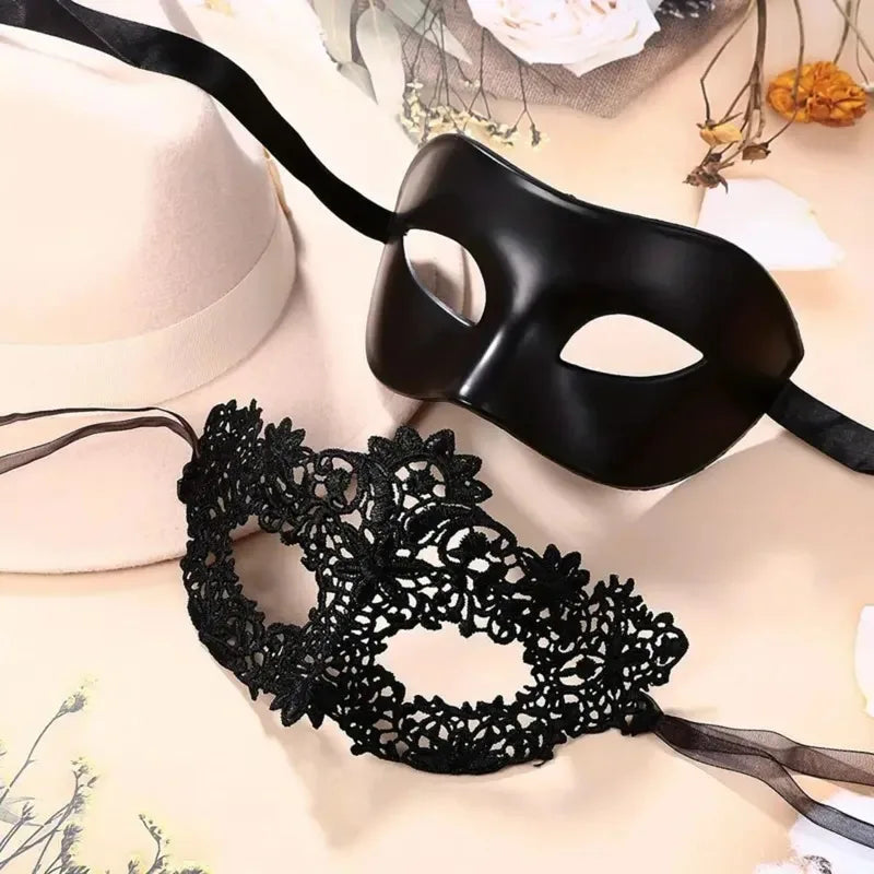 Black Lace Masquerade Mask Set - 2-Piece Elegant Venetian, Mardi Gras & Halloween Party Masks