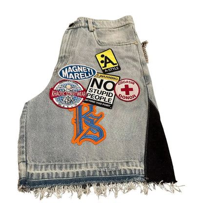 Streetwear Retro Patchwork Denim Shorts – Y2K Hip Hop Cartoon Graphic Loose Fit Jeans for Men & Women