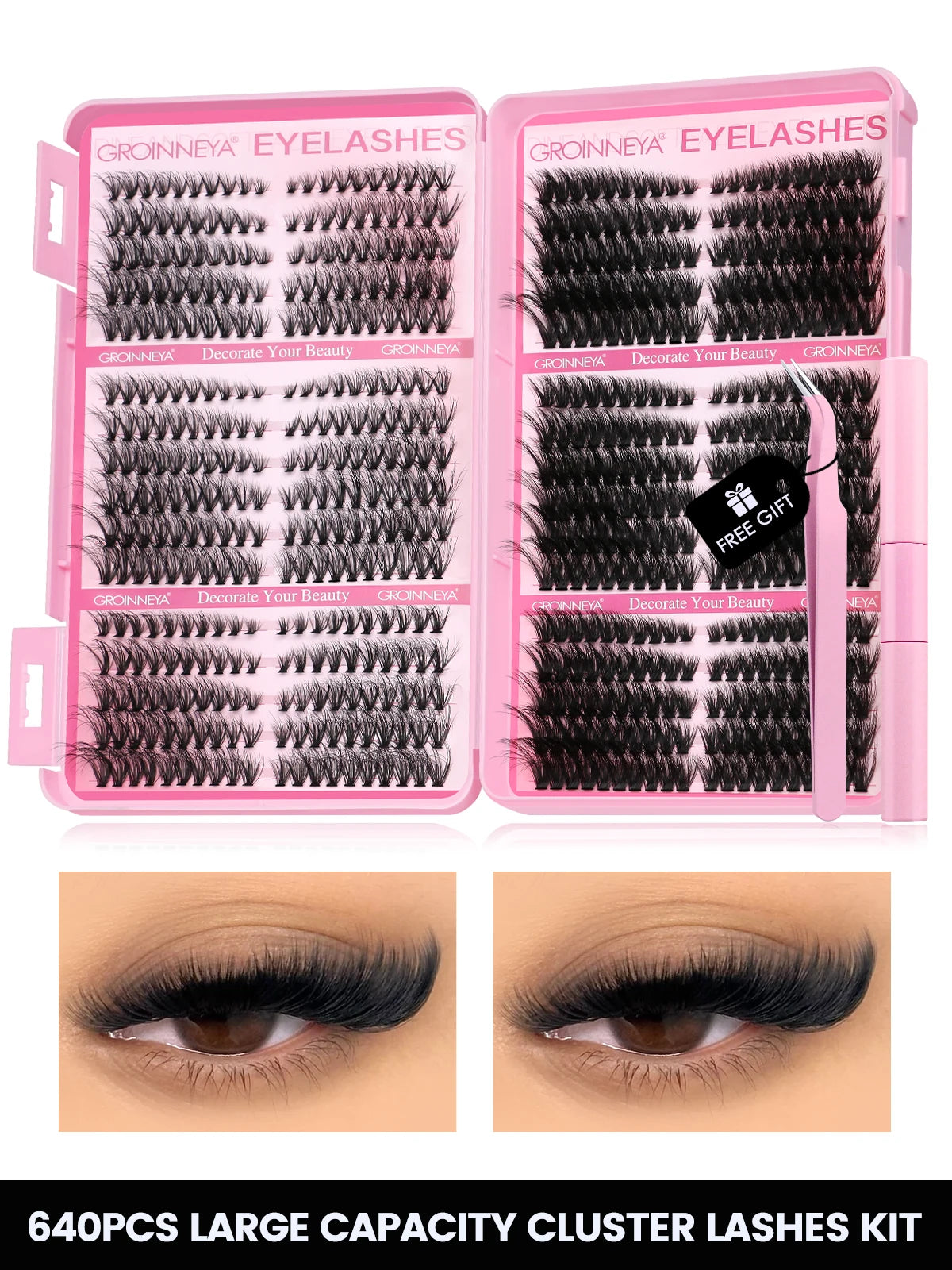 GROINNEYA Cat Lash Clusters Kit – 640pcs with Lash Bond & Seal, DIY Eyelash Extensions for Home Use