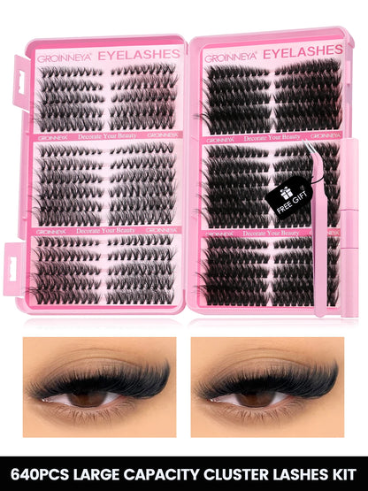 GROINNEYA Cat Lash Clusters Kit – 640pcs with Lash Bond & Seal, DIY Eyelash Extensions for Home Use