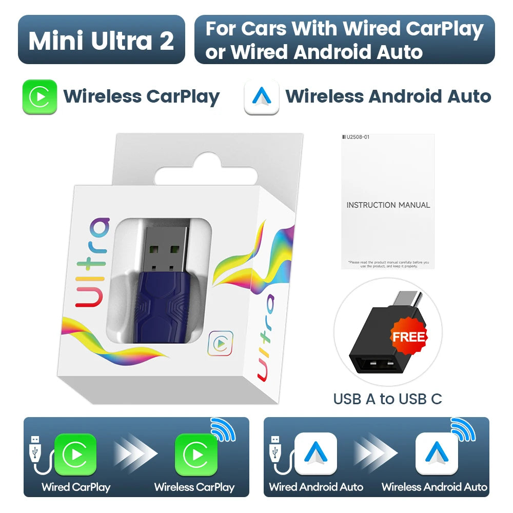 CarlinKit 5.0 Mini Ultra Wireless CarPlay & Android Auto Adapter – Plug & Play OEM Car Upgrade with WiFi & Bluetooth Auto Connection