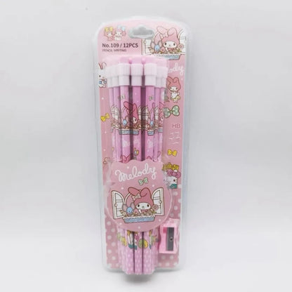 12pcs Sanrio Cinnamoroll & Kuromi Cute Cartoon HB Pencils - Writing & Drawing Stationery Box Set with 12 Pencils & 1 Pencil Roller