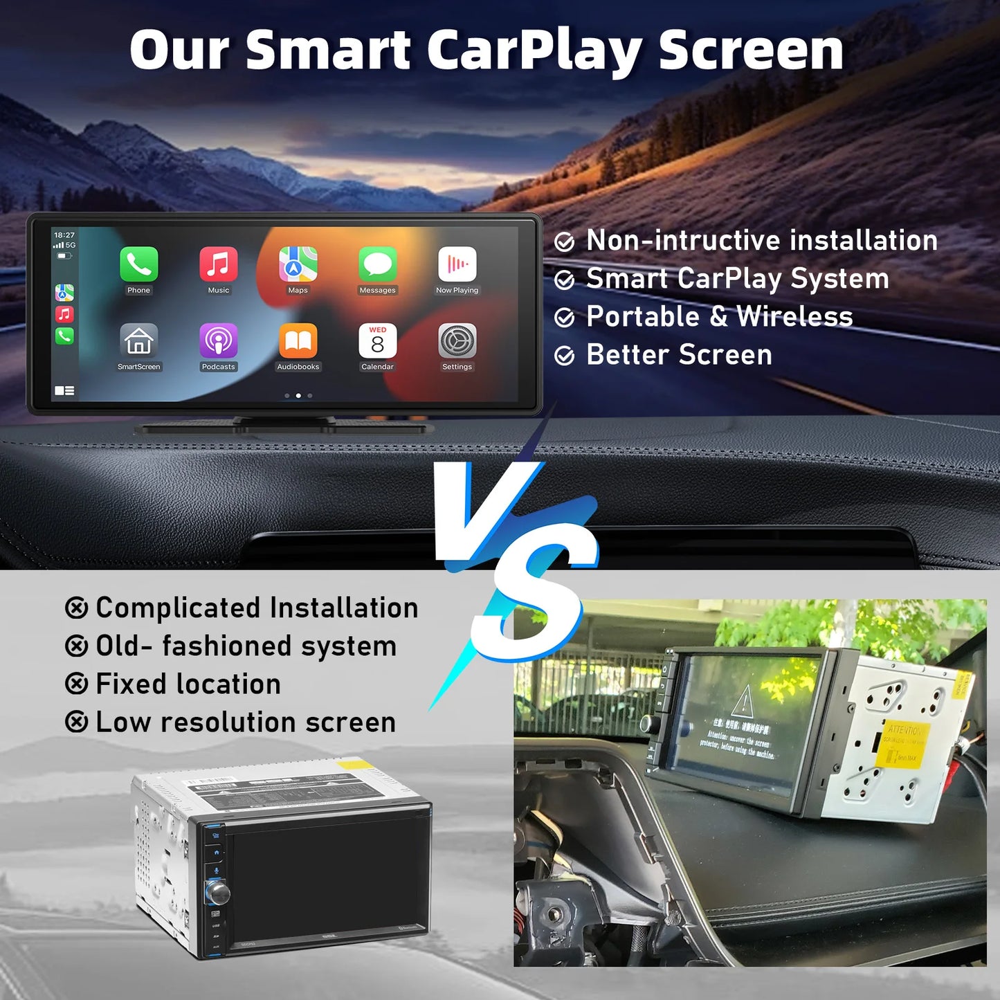 Portable Wireless CarPlay Car Stereo 10.26-Inch HD Touchscreen - Android Auto, Mirror Link & Backup Camera Support