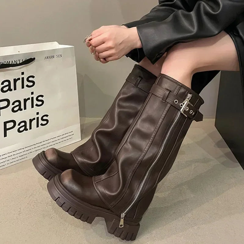 Winter Women's Biker Boots – Fashion Belt Buckle Knee-High Platform Booties