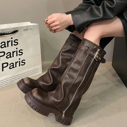 Winter Women's Biker Boots – Fashion Belt Buckle Knee-High Platform Booties