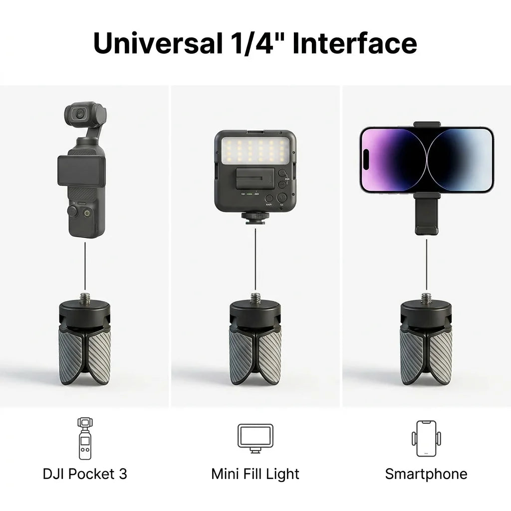 Mini Tripod Stand with 1/4" Screw Mount - Hand Grip for GoPro, Action Cameras, Phones & DJI Pocket Gimbals