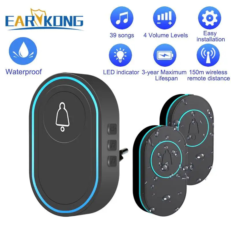 Intelligent Wireless Doorbell – Waterproof Smart Doorbell with 300m Remote Range, EU/UK/US Plug Options, Home Welcome Chime
