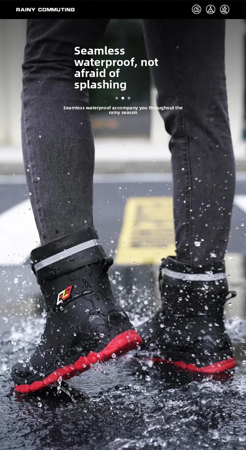 Men’s Ankle-High Fleece-Lined Rain Boots – Waterproof, Anti-Slip, Wear-Resistant Work & Fishing Shoes