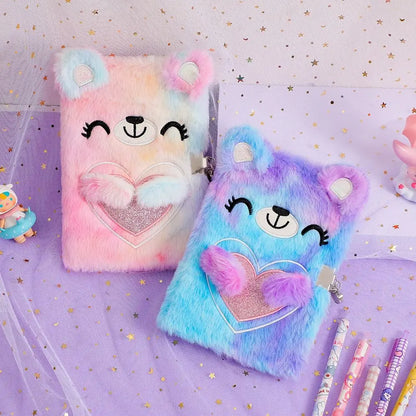 Cartoon Bear Plush Lock Notebook A5 Tie-Dye Diary Journal for Girls – Cute Stationery Gift