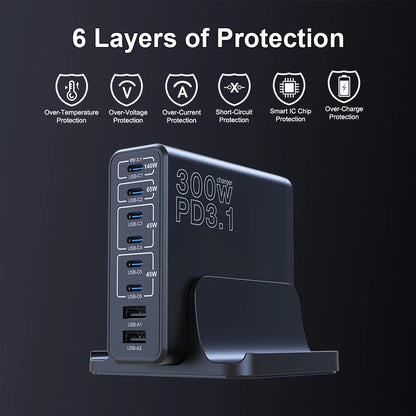 Ubigbuy 300W Multi-Port GaN Charger - USB-C 140W PD 3.1 & PPS 100W Charging Station for MacBook Pro M2, iPhone 15/14, Galaxy