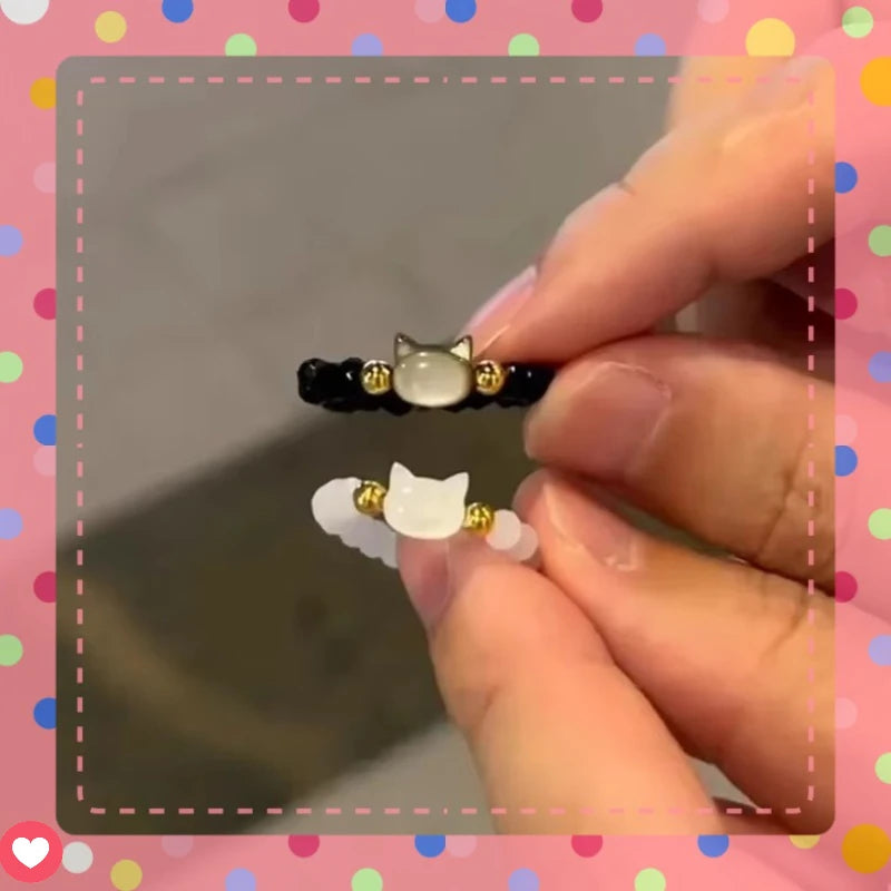 Mini Cat Moonstone Rings Set - Handmade Elastic Natural Obsidian Beaded Couple Rings for Men & Women Jewelry Gift