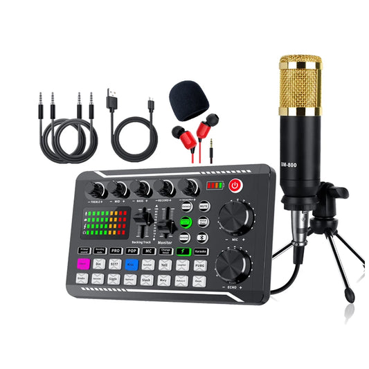DJ Studio Sound Card Kit – Microphone, Mixer Console & Cables for Live Voice, Phone & Computer F998