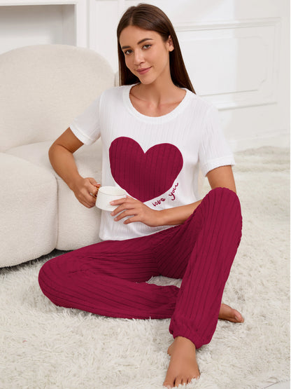 Women’s Heart Print Pajama Set – Short Sleeve Top & Pants Two-Piece Loungewear