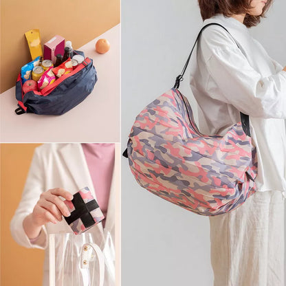Large Eco-Friendly Folding Shopping Bag - Reusable, Portable One-Shoulder Handbag for Travel & Grocery with Fashionable Pocket Design