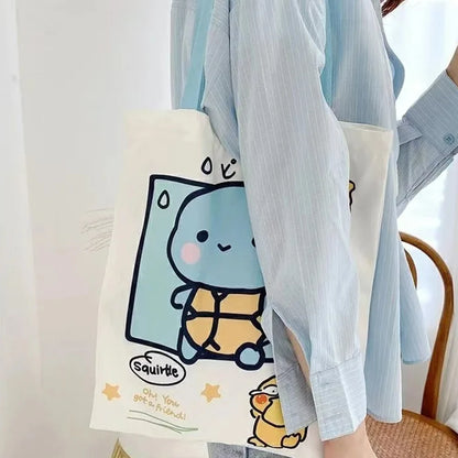 Anime Pokémon Canvas Shoulder Bag – Pikachu, Psyduck, Squirtle Casual Handbag for Women, Reusable Large Shopping Tote