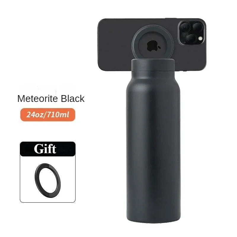 24oz Stainless Steel Insulated Sports Bottle – Vacuum Water Mug with Magnetic Phone Holder, Outdoor Gym Travel Drink Cup