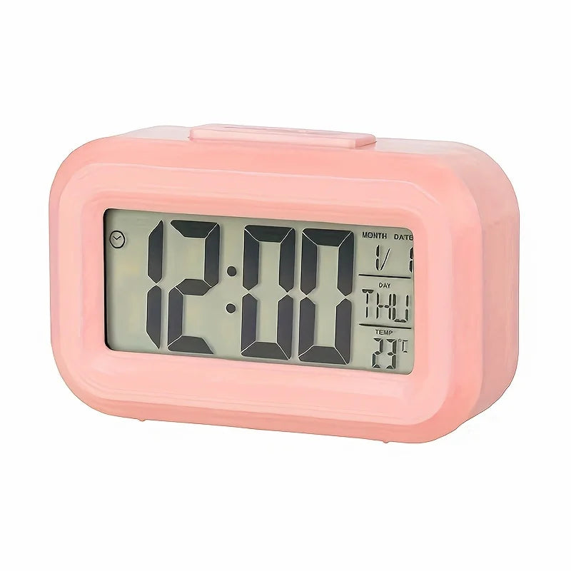 Smart Digital Alarm Clock – Black & White LCD with Temperature, Calendar, Timer & LED Light for Bedroom or Office (No Battery)
