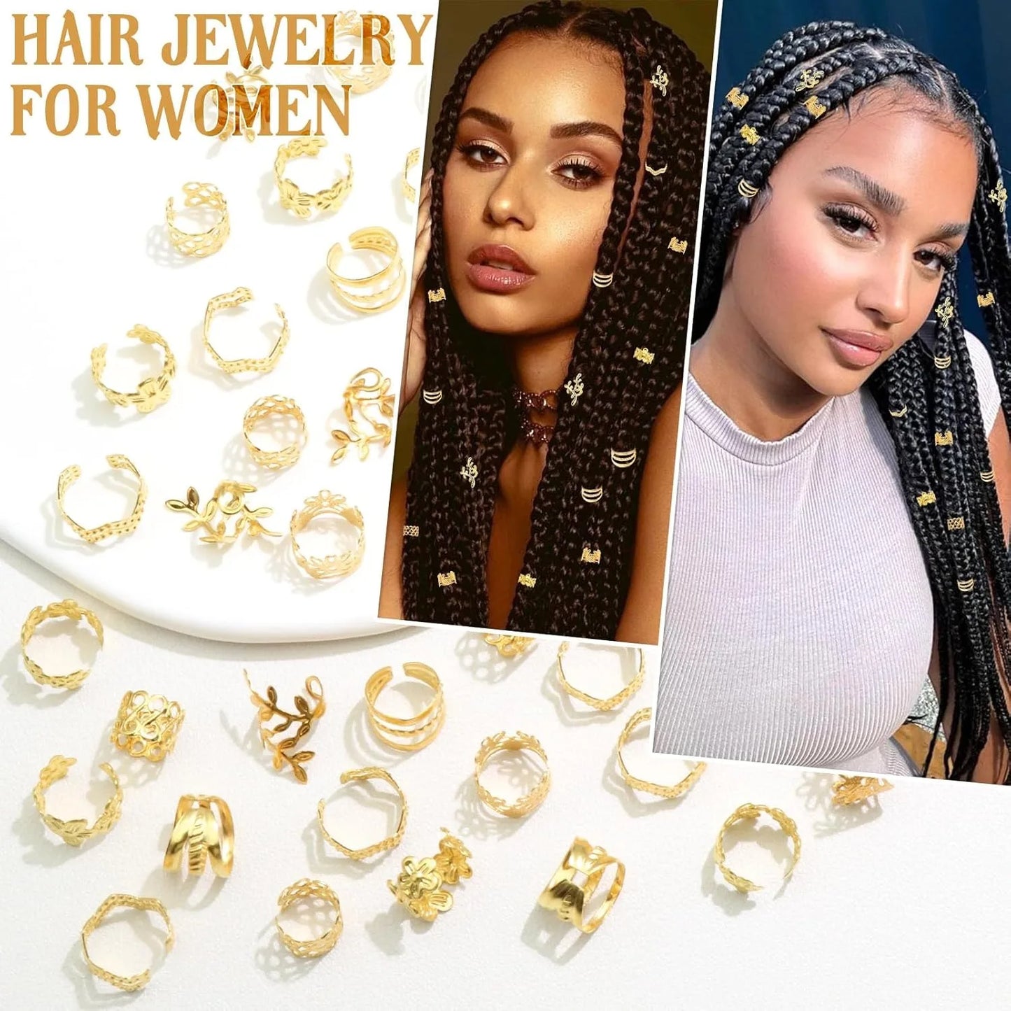 60PCS Gold Hair Jewelry for Braids — Metal Loc Clips, Dreadlock Accessories & Hair Decorations for Women