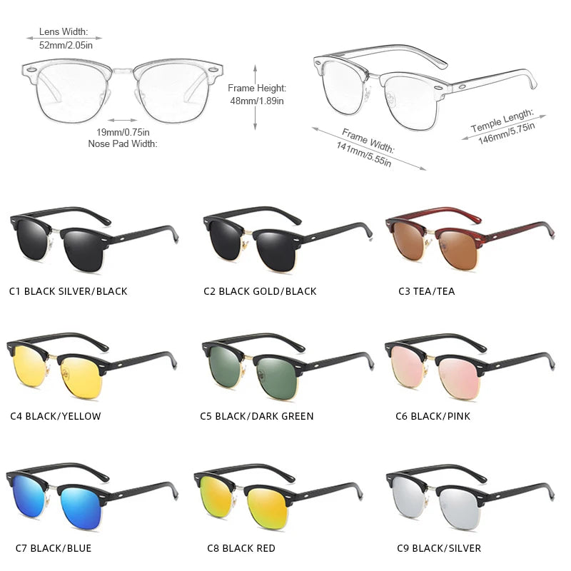Classic Half Frame Polarized Sunglasses – Retro Rivet Design for Men & Women, Anti-Glare Black Travelling Shades