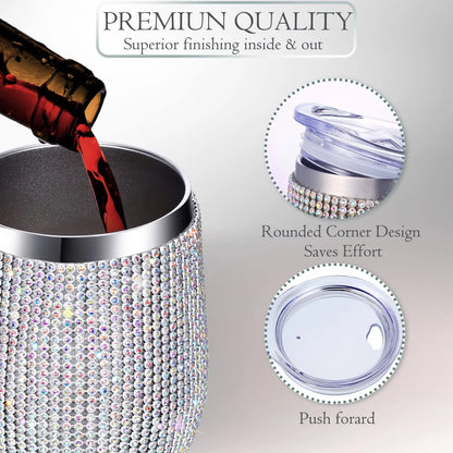 12oz Diamond Wine Tumbler with Sealed Lid - Vacuum Thermo Beer Mug, Stainless Steel Champagne Cup - Perfect for Parties and Bridesmaid Gifts
