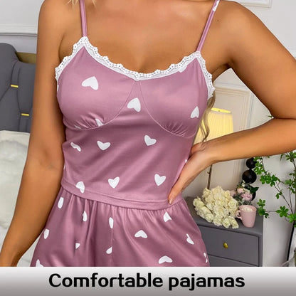 Women’s Lace V-Neck Pajama Set – Printed Suspender Top & Shorts Two-Piece Sleepwear