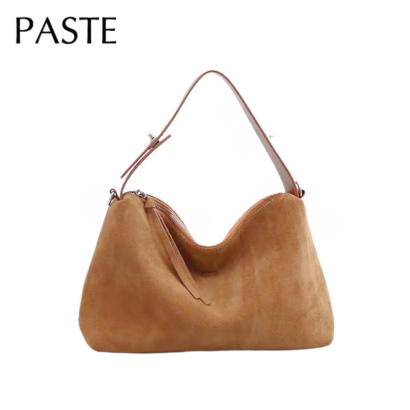 Simple Autumn Winter Grey & Brown Boston Tote — Soft Matte Suede Cow Leather Women's Shoulder Handbag
