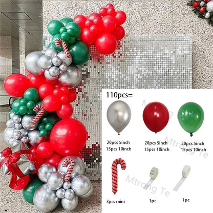 Christmas Balloon Garland Arch – Red & Green Balloons, Star, Santa, and Gift Box Foil Balloons for Xmas and New Year Decoration