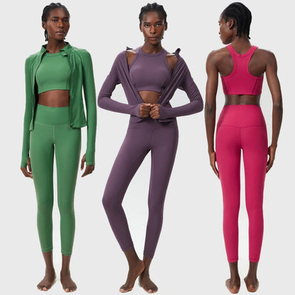 3PCS Women’s Fitness Yoga Set – Solid Color Ribbed Long Sleeve Top & High Waist Leggings, Breathable Workout Sportswear