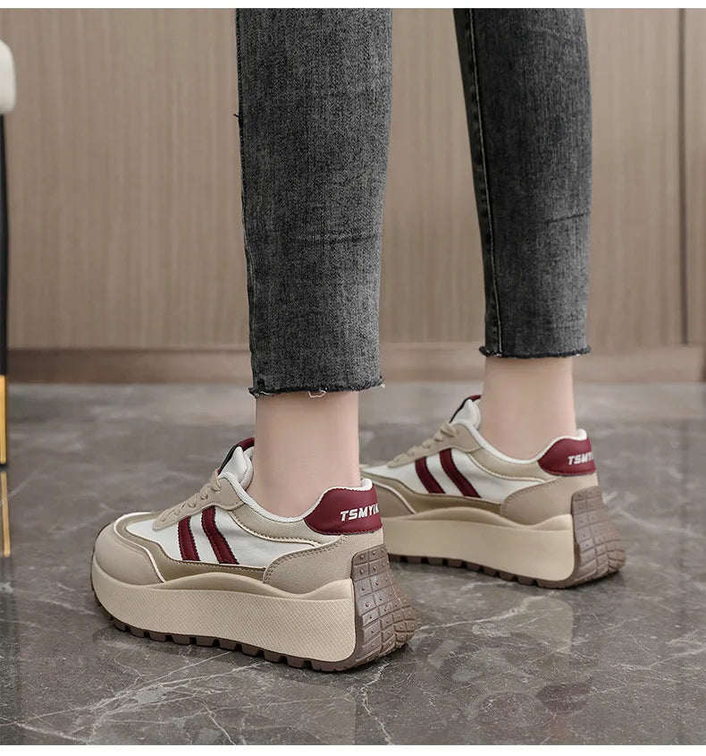 Spring Thick Bottom Women's Shoes – 2024 Summer Casual Patchwork Leather Sneakers, Vulcanized Casual Shoes for Ladies (Chaussure Femme)