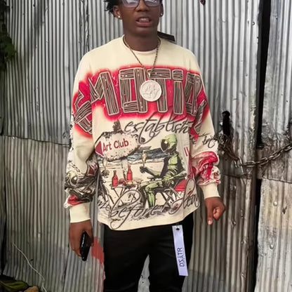 MIXED EMOTION Alien Print Long Sleeve T-Shirt - Unisex Oversized Hip Hop Crewneck Top