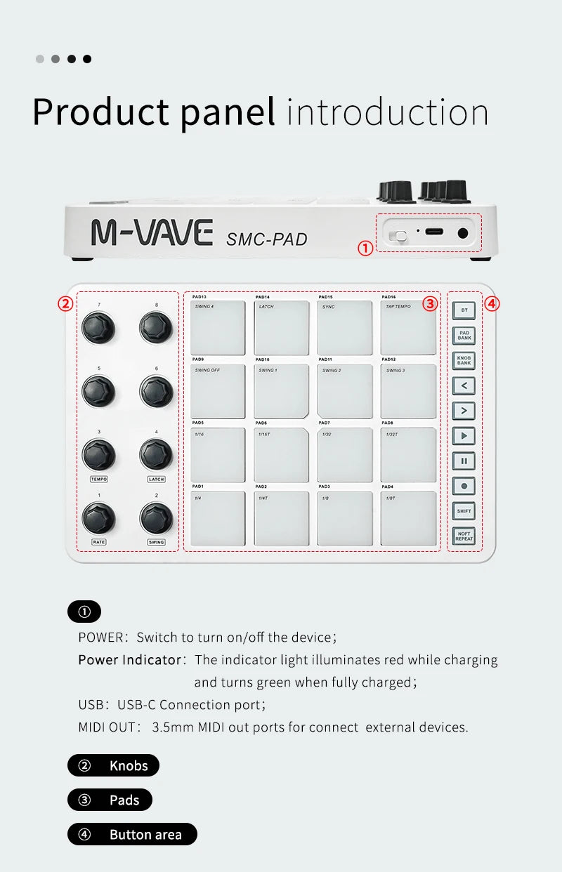 M-VAVE SMC-PAD Wireless MIDI Controller – Portable Percussion Keyboard with USB-C Interface, Compact MIDI Pad for Music Production