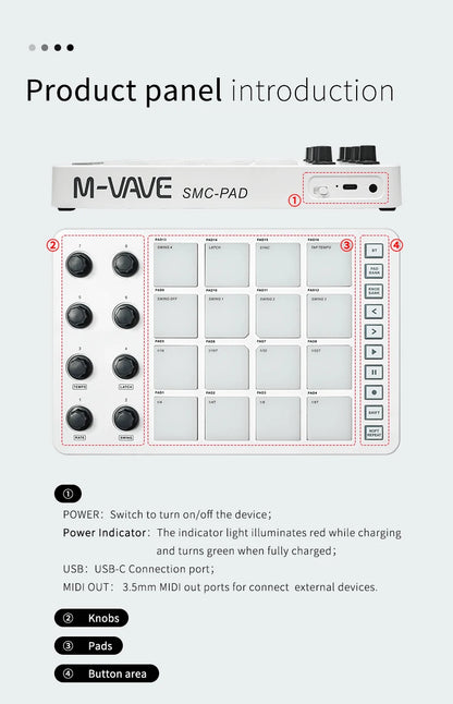 M-VAVE SMC-PAD Wireless MIDI Controller – Portable Percussion Keyboard with USB-C Interface, Compact MIDI Pad for Music Production