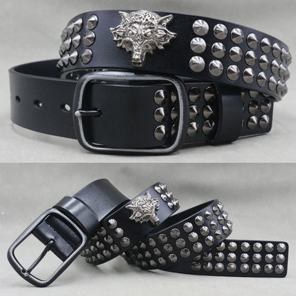 Men’s Designer Rivet Belt – Genuine Cowhide Leather Punk Rock Pin Belt for Jeans, Luxury Black Leather Belt