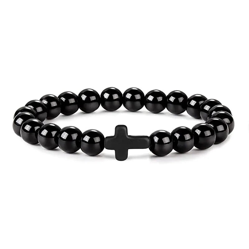 Natural Stone & Wood Bead Rosary Bracelet - Hematite Cross Meditation & Yoga Jewelry for Men & Women