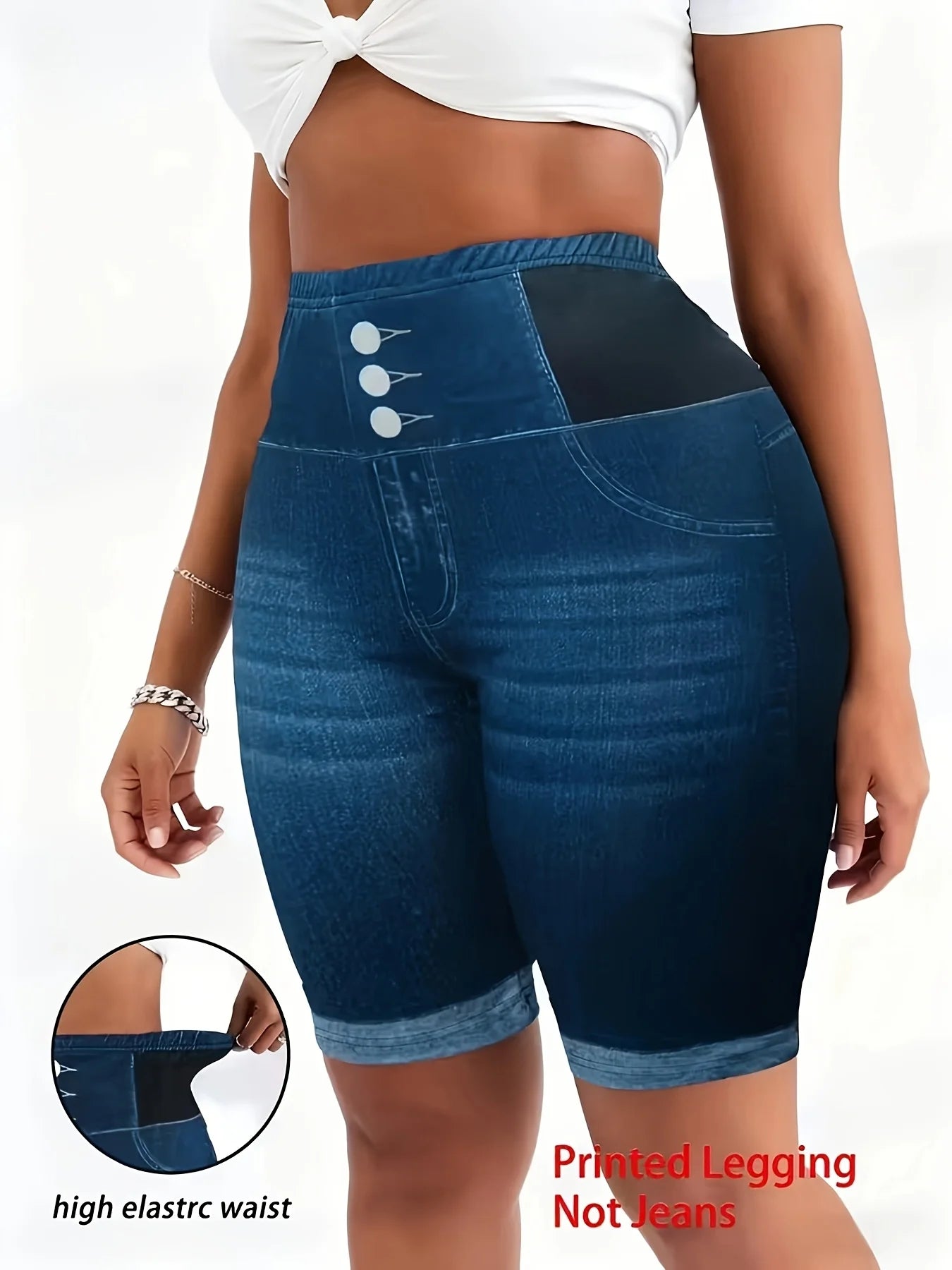 Plus Size Tummy Control Biker Shorts - High Waist 3-Button Faux Denim Cycling Shorts for Curvy Women