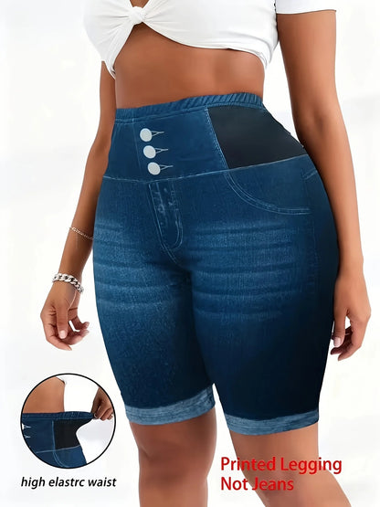 Plus Size Tummy Control Biker Shorts - High Waist 3-Button Faux Denim Cycling Shorts for Curvy Women