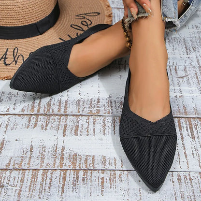 Women’s Pointed Toe Flat Shoes – Solid Color Knitted Slip-On Ballet Loafers, Casual & Breathable Ladies Shoes