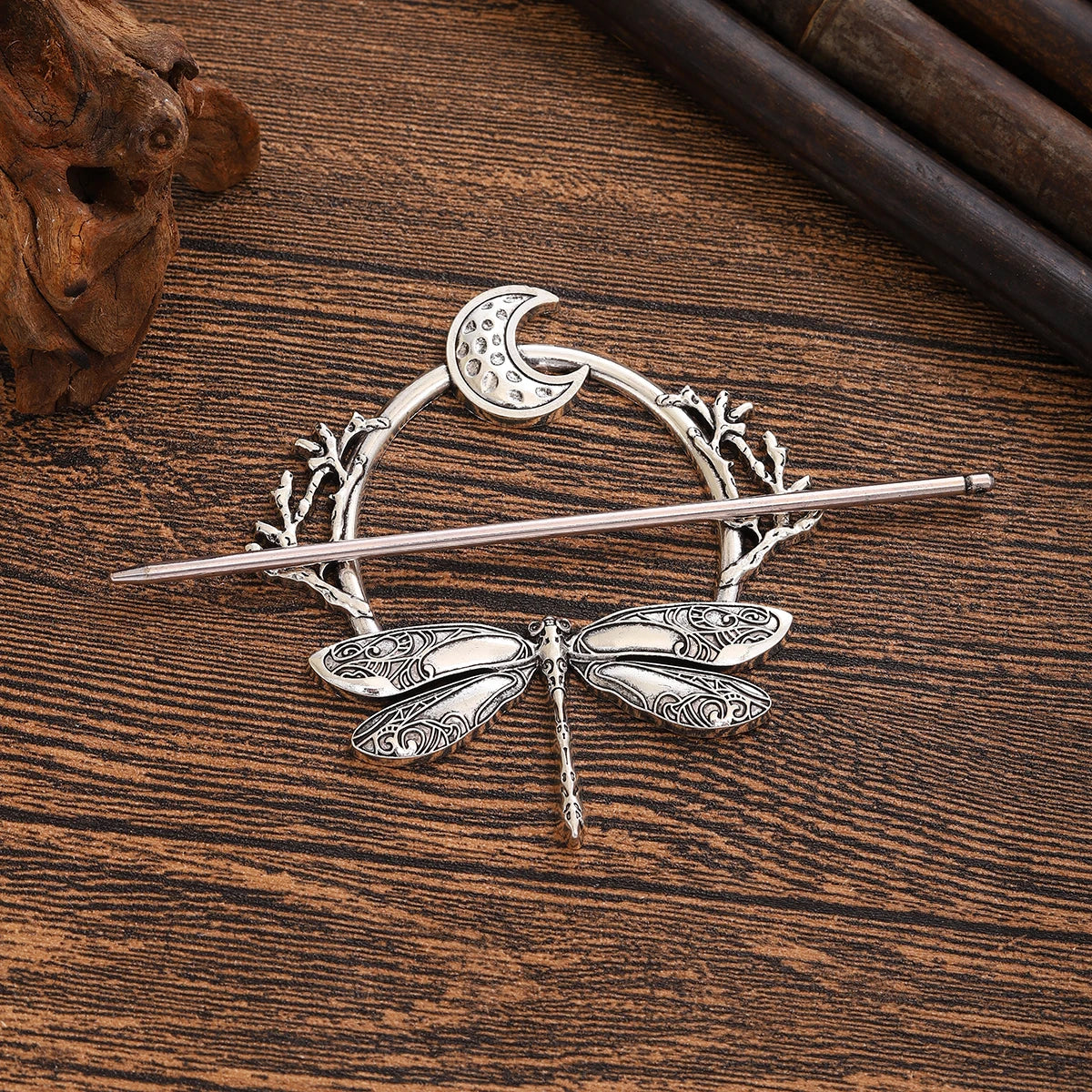 Viking Dragonfly Moon Hairpin - Retro Scandinavian Branch Hair Accessory for Women
