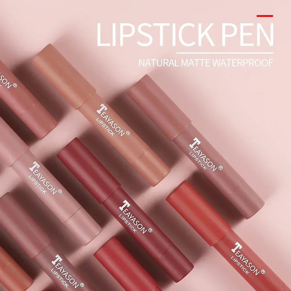 12-Color Natural Matte Lipstick Pencil – Silk Lip Glaze Waterproof, Long-Lasting Sexy Lip Tint Makeup