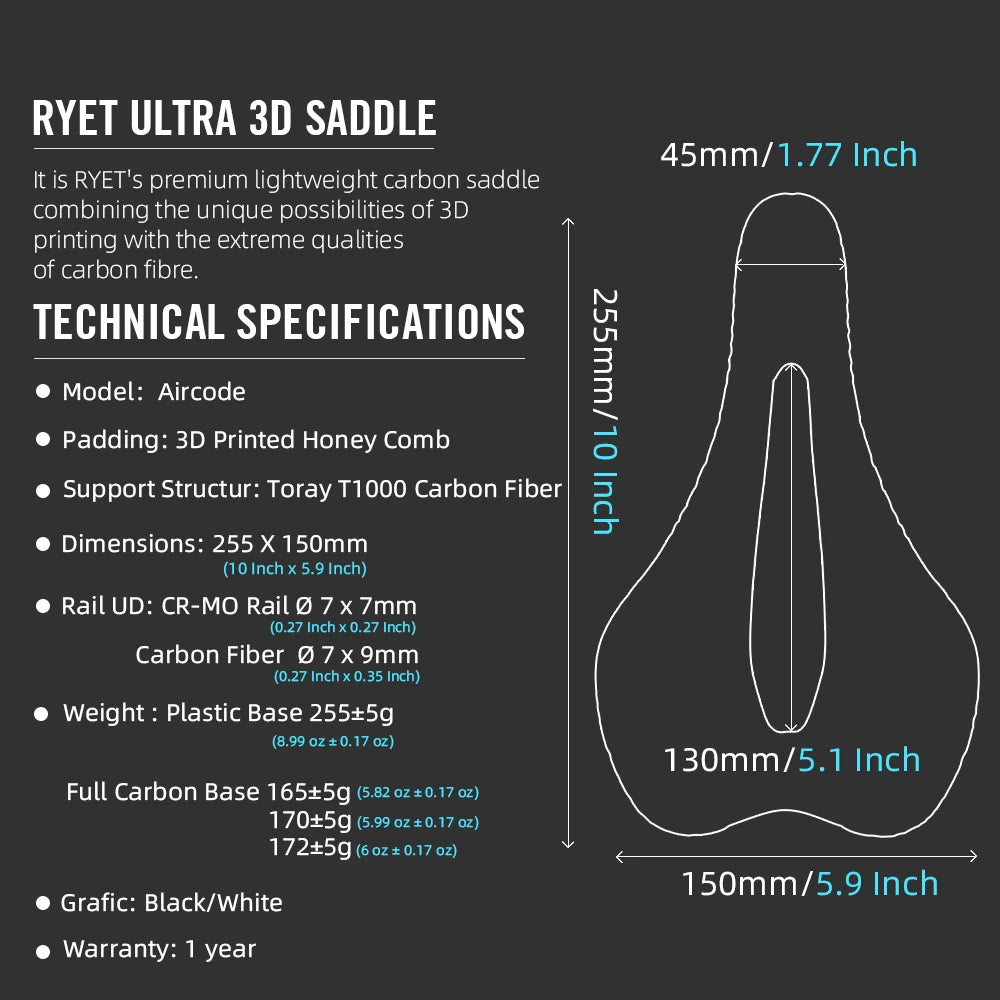 RYET 3D Printed Bike Saddle - Ultralight Carbon Fiber, Hollow and Breathable Design for MTB, Gravel and Road Cycling