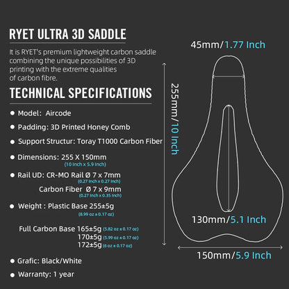 RYET 3D Printed Bike Saddle – Ultralight Carbon Fiber Hollow Seat for MTB, Gravel & Road Cycling Comfort & Breathability