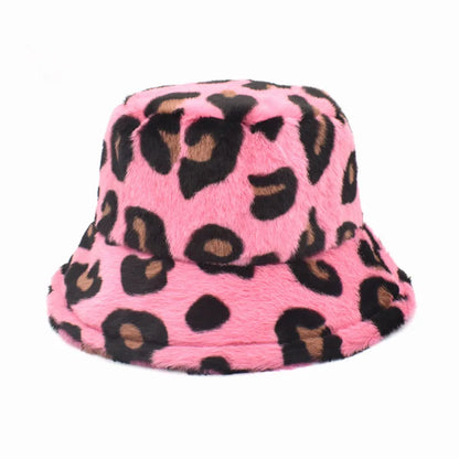 Women’s Winter Bucket Hat – Fashion Leopard Panama, Warm Vintage Faux Fur Fisherman Cap
